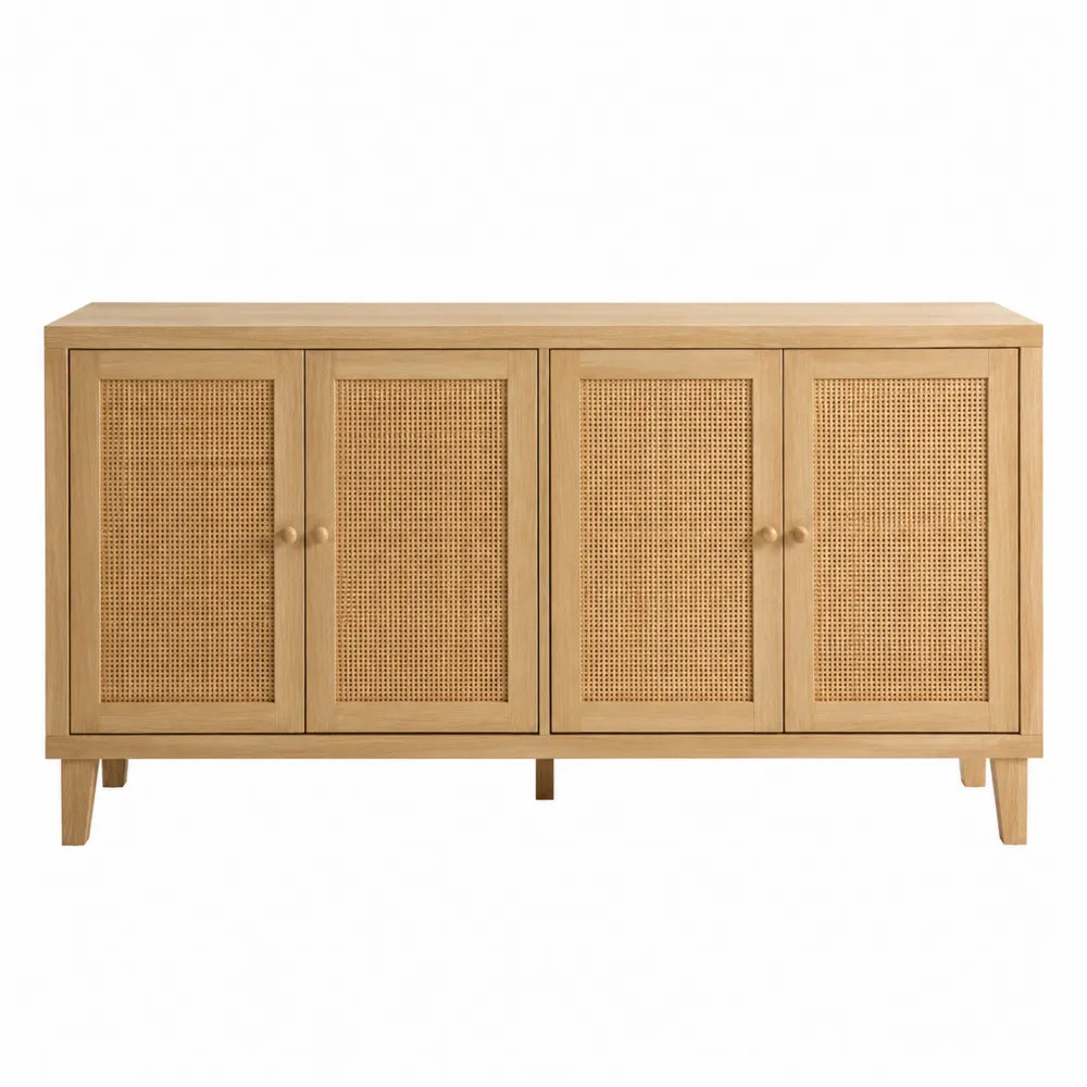 Credenza buffet in legno massello di frassino con ante in rattan naturale struttura rettangolare 160 cm x 40 cm x 80 cm colore legno naturale beige