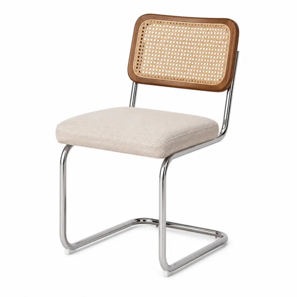 Sedia da pranzo in metallo cromato con seduta imbottita in tessuto poliestere schienale in rattan e legno 52 cm x 56 cm x 82 cm
