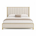 Letto matrimoniale per materasso 180 x 200 cm con testiera imbottita verticale rivestimento in tessuto poliestere beige struttura in metallo oro
