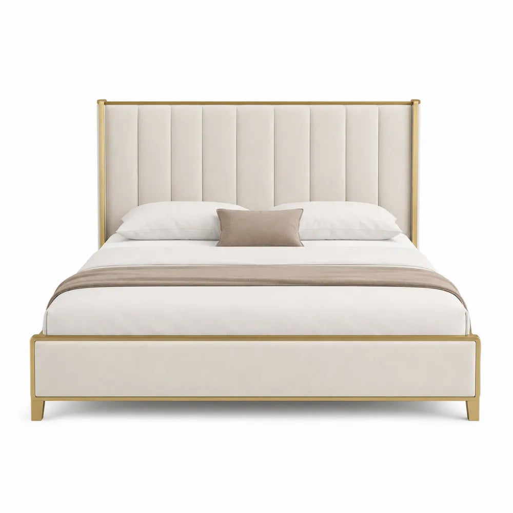 Letto matrimoniale per materasso 180 x 200 cm con testiera imbottita verticale rivestimento in tessuto poliestere beige struttura in metallo oro