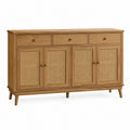 Credenza buffet 150 cm x 40 cm x 80 cm in legno effetto naturale con ante in rattan 3 cassetti e 4 ante struttura in MDF e legno massello