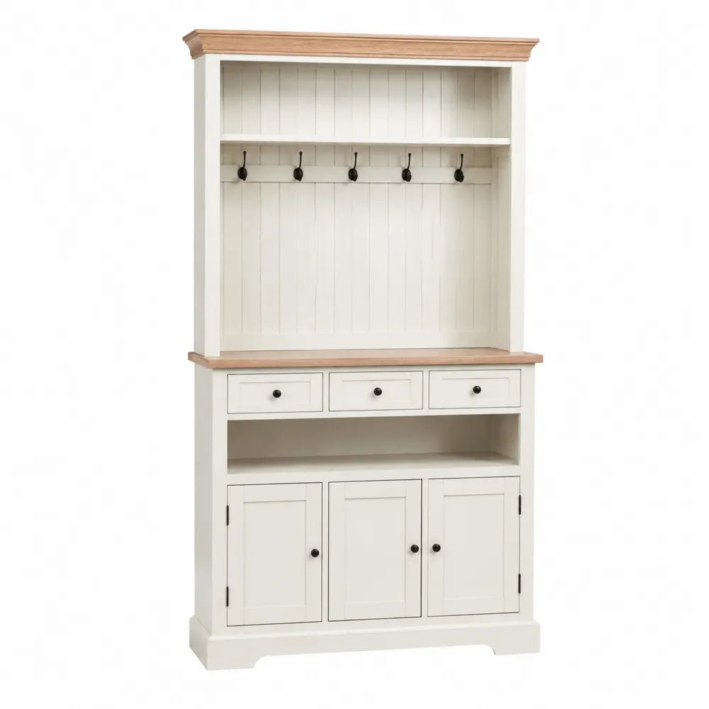 Credenza buffet con alzata appendiabiti struttura in MDF bianco piano effetto rovere 3 cassetti 3 ante 5 ganci dimensioni 130 cm x 45 cm x 180 cm