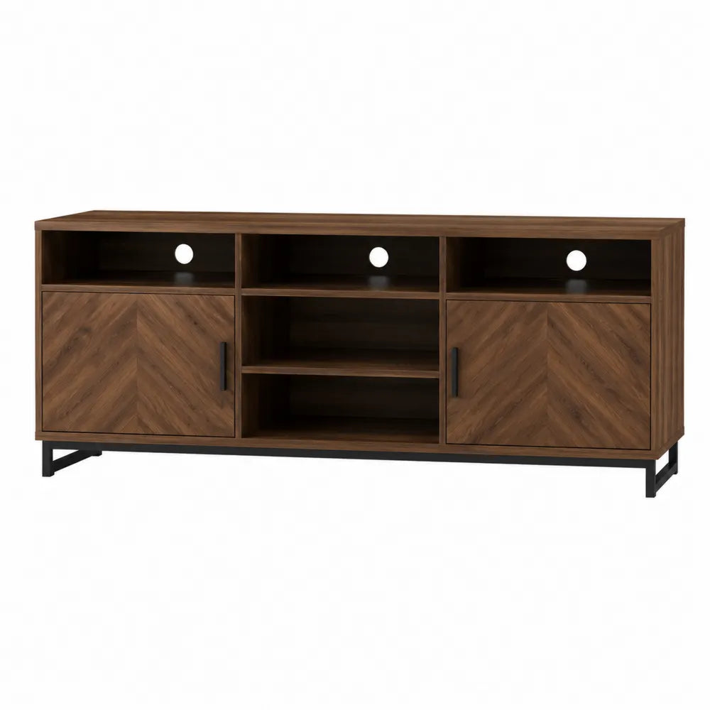 Mobile TV 180 cm x 40 cm x 55 cm in legno ingegnerizzato effetto noce con struttura in metallo nero ante laterali e vani aperti passacavi integrati