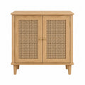 Credenza 80 x 40 x 80 cm in MDF effetto rovere con ante in rattan naturale e gambe in legno massello struttura contenitore rettangolare