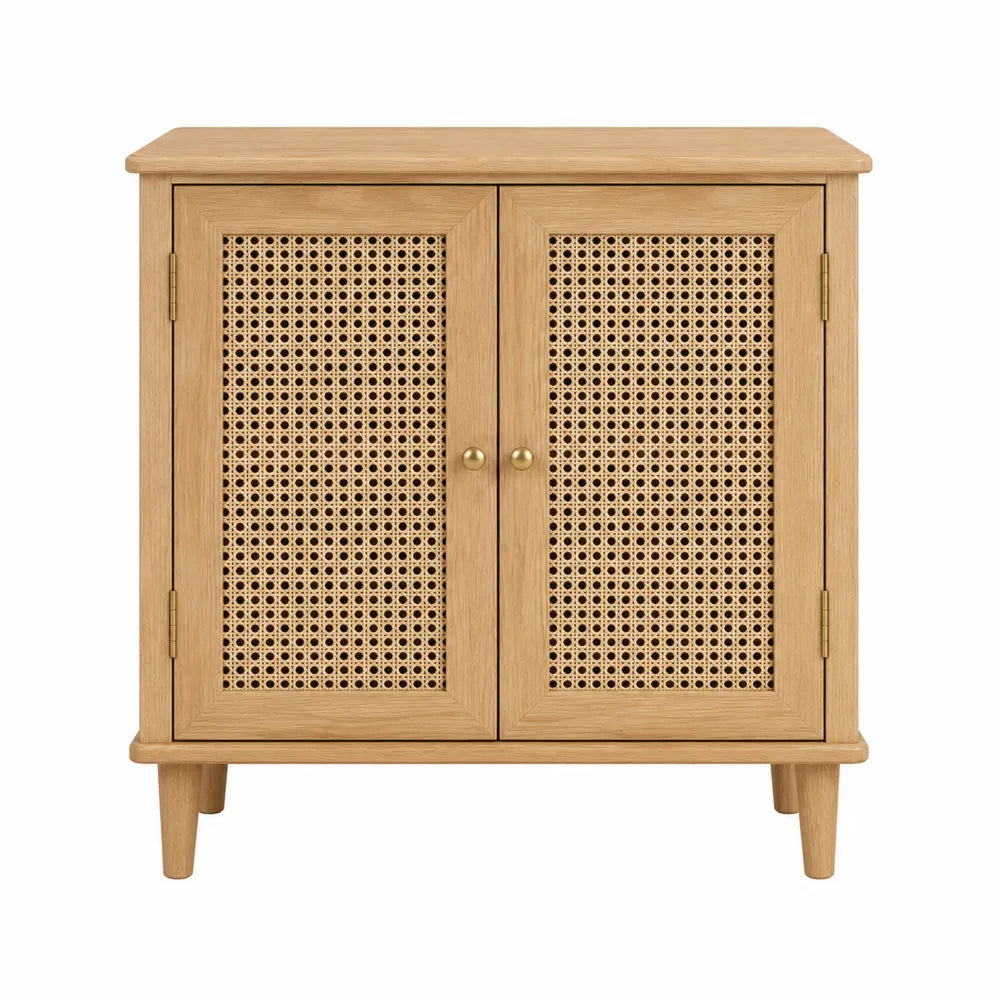 Credenza 80 x 40 x 80 cm in MDF effetto rovere con ante in rattan naturale e gambe in legno massello struttura contenitore rettangolare