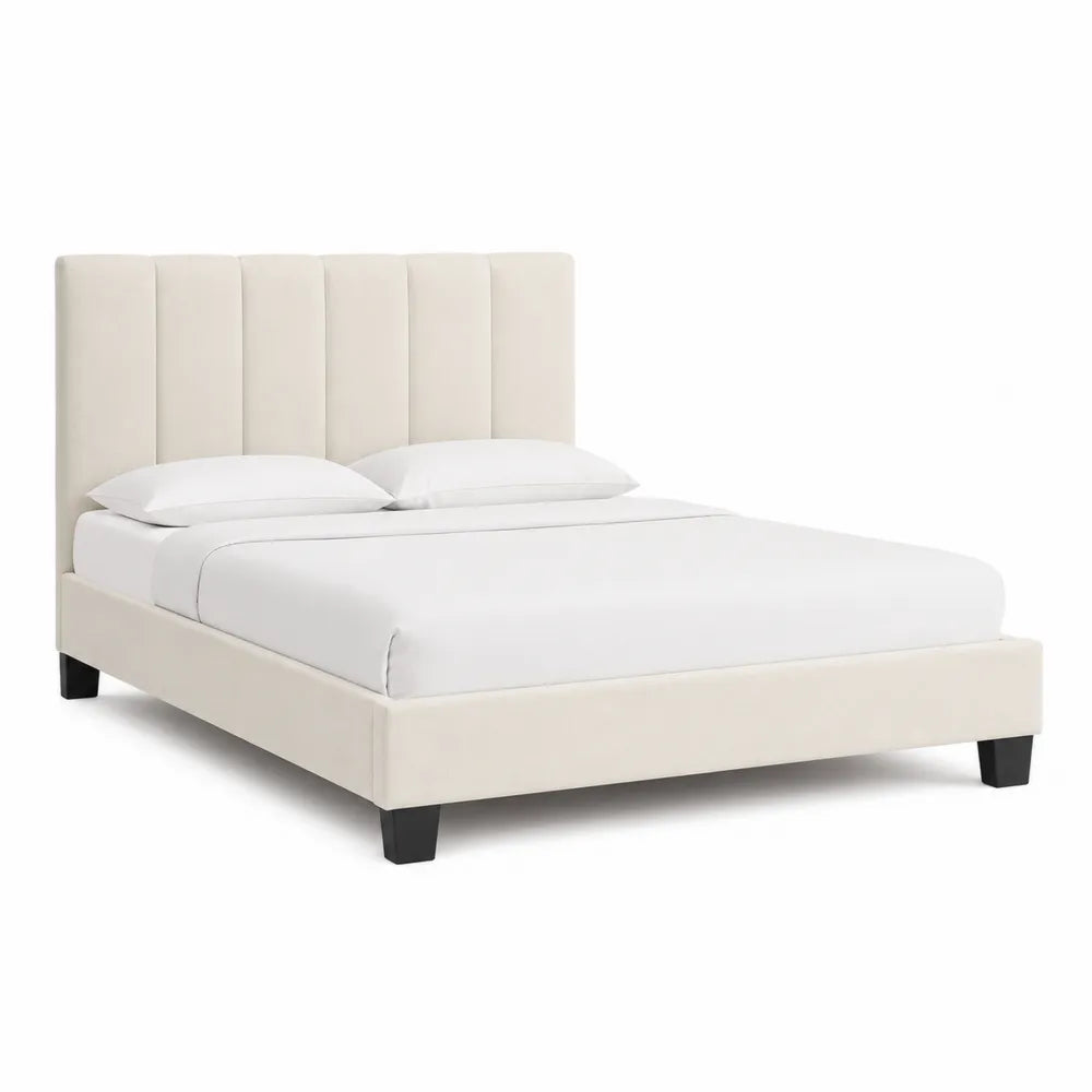 Letto matrimoniale per materasso 160 x 200 cm con testiera imbottita verticale rivestimento in tessuto poliestere beige gambe in metallo nero