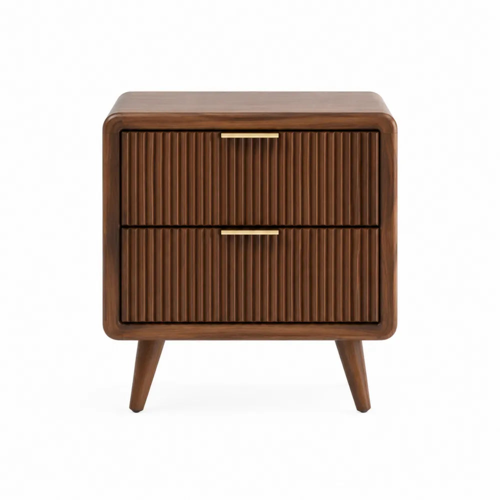 Comodino rettangolare con 2 cassetti in MDF impiallacciato noce gambe inclinate e maniglie color ottone 50 x 45 x 55 cm