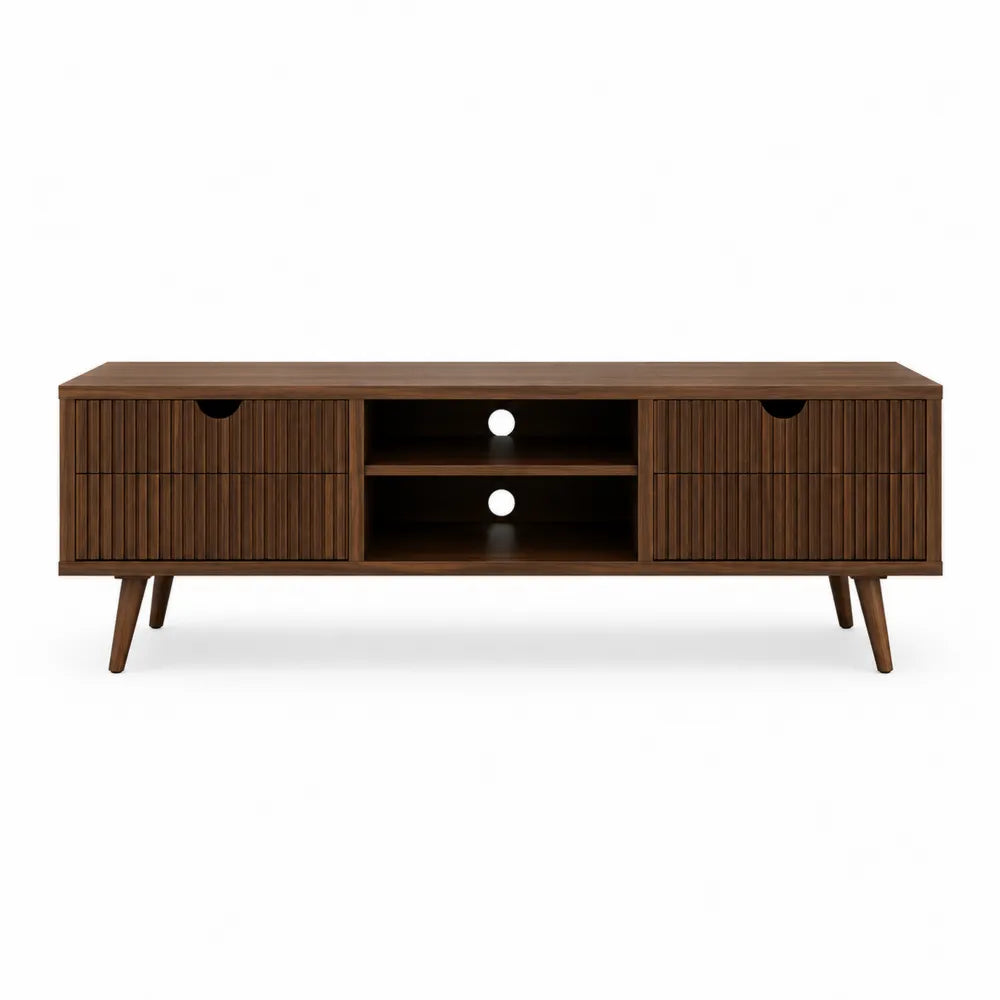 Mobile TV in legno effetto noce con cassetti e vani a giorno struttura in MDF gambe in legno dimensioni circa 180 cm x 40 cm x 50 cm