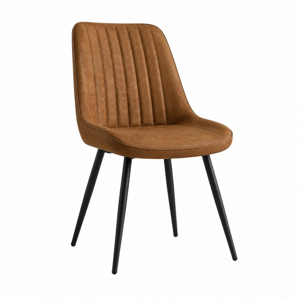 Sedia da pranzo imbottita in pelle sintetica PU con schienale a canali verticali struttura in acciaio verniciato nero dimensioni 45 cm x 55 cm x 85 cm colore marrone