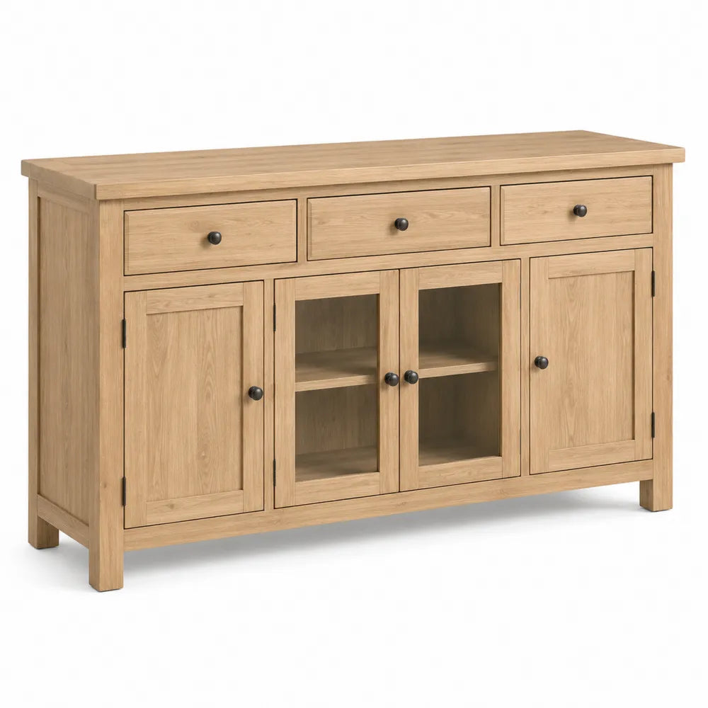 Credenza buffet 150 cm x 40 cm x 80 cm in legno effetto rovere con 3 cassetti 4 ante e vani centrali con ante in vetro