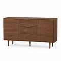 Credenza buffet 160 cm x 40 cm x 80 cm in MDF impiallacciato noce con 2 ante laterali e 3 cassetti centrali gambe in legno massello colore noce scuro