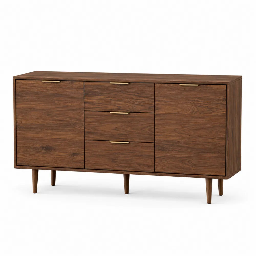 Credenza buffet 160 cm x 40 cm x 80 cm in MDF impiallacciato noce con 2 ante laterali e 3 cassetti centrali gambe in legno massello colore noce scuro