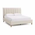 Letto matrimoniale 180 x 200 cm con testiera imbottita a pannelli verticali struttura in MDF rivestita in tessuto beige gambe in legno