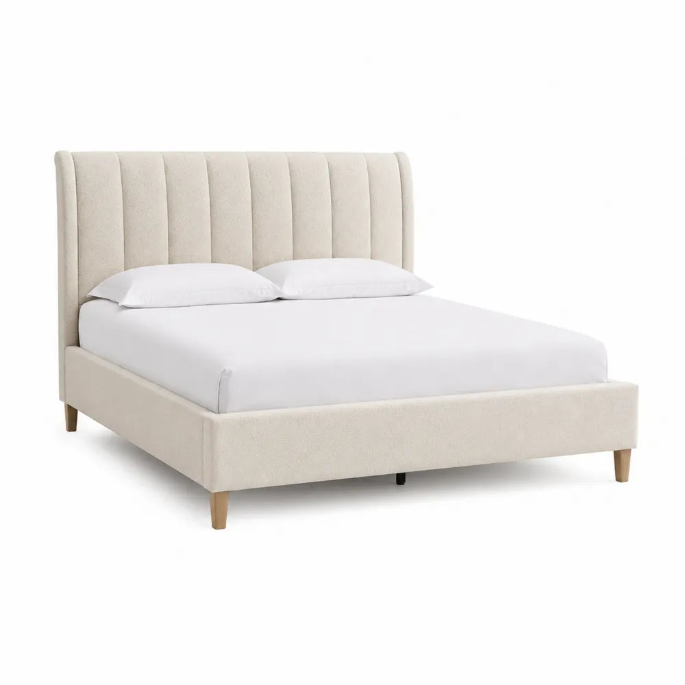Letto matrimoniale 180 x 200 cm con testiera imbottita a pannelli verticali struttura in MDF rivestita in tessuto beige gambe in legno