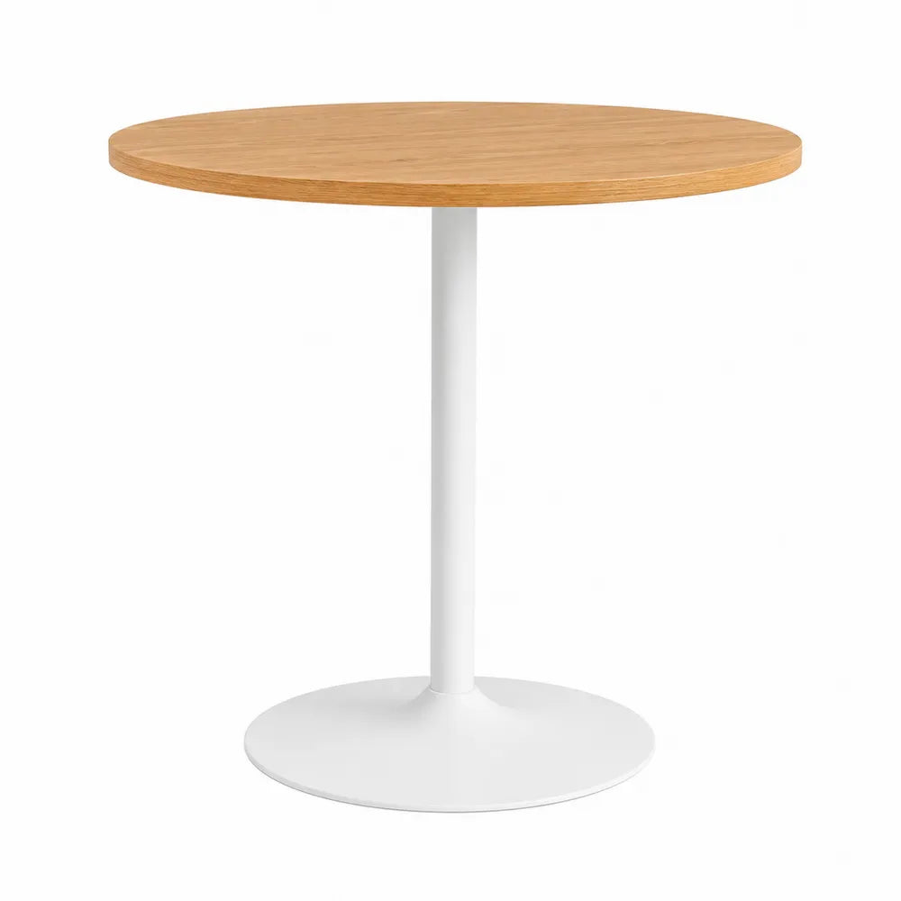 Tavolo da pranzo rotondo piano in MDF effetto rovere struttura in acciaio verniciato bianco base centrale diametro 70 cm altezza 75 cm