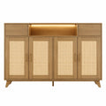Credenza buffet 160 x 40 x 85 cm in MDF effetto rovere con ante in rattan naturale 2 cassetti e vano centrale con illuminazione LED