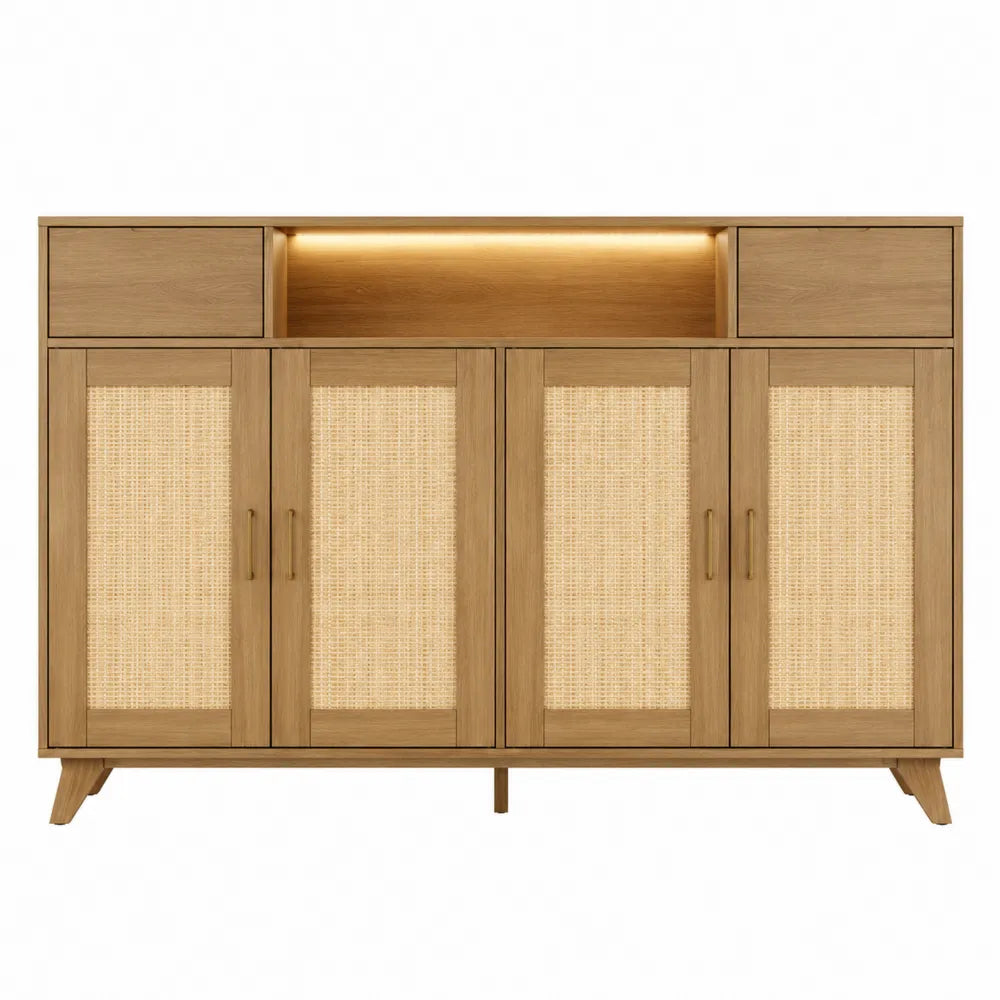 Credenza buffet 160 x 40 x 85 cm in MDF effetto rovere con ante in rattan naturale 2 cassetti e vano centrale con illuminazione LED