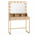 Toeletta trucco con specchio rettangolare illuminato LED struttura in legno ingegnerizzato cassetti e gambe in metallo dorato 100 cm x 40 cm x 140 cm