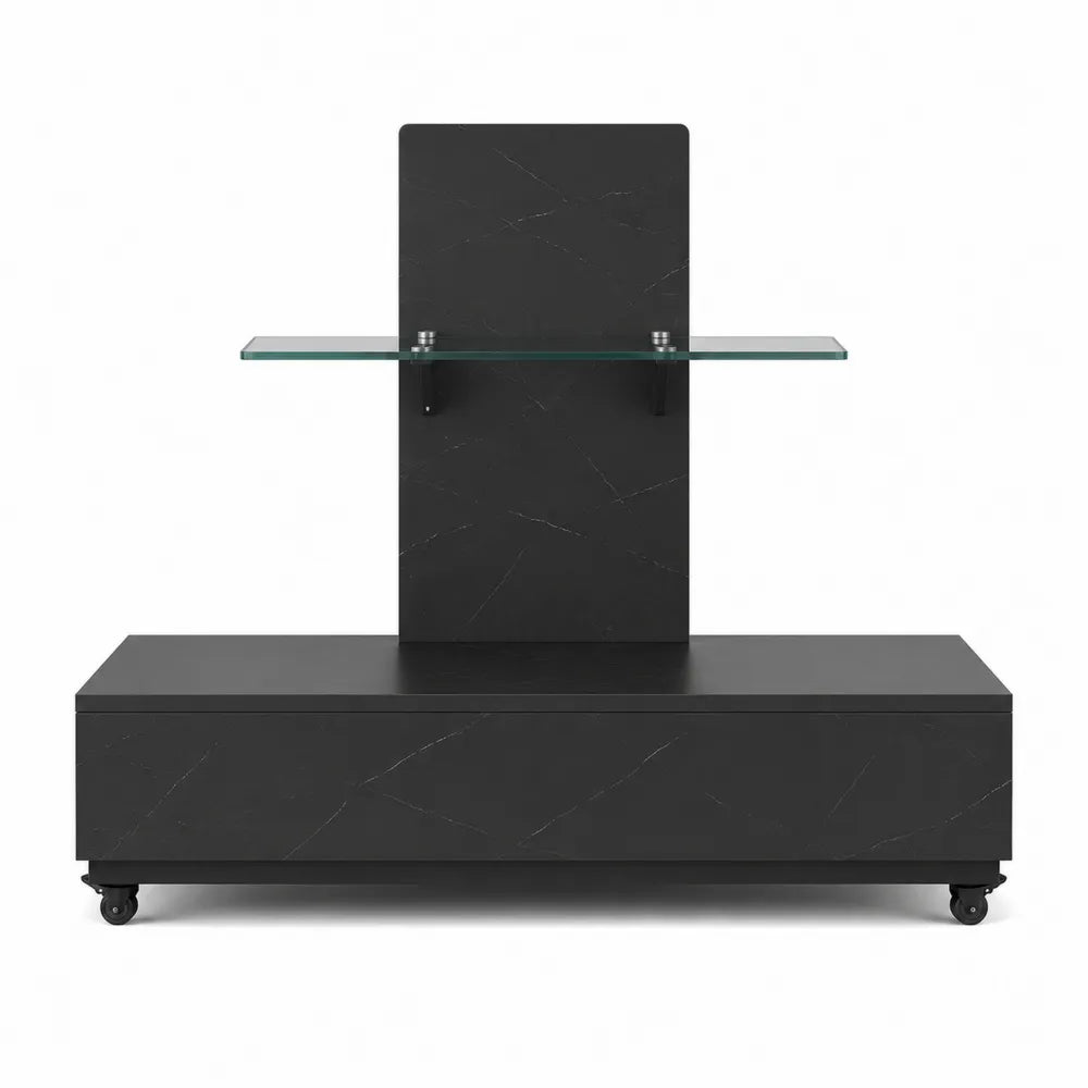 Mobile TV 160 cm x 40 cm x 130 cm in legno ingegnerizzato effetto marmo nero con mensola in vetro temperato struttura in metallo e ruote