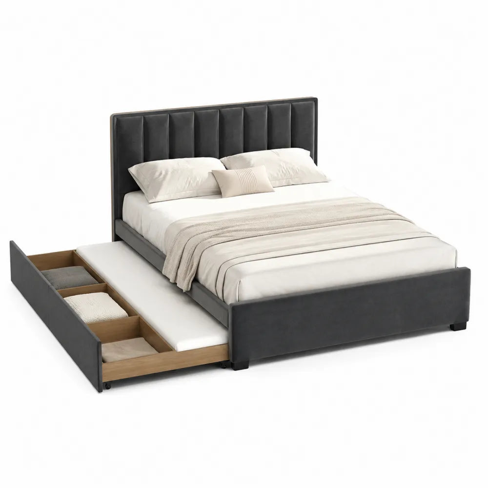 Letto matrimoniale contenitore per materasso 160 x 200 cm con cassetto laterale estraibile testiera imbottita in tessuto poliestere grigio struttura in MDF e truciolare