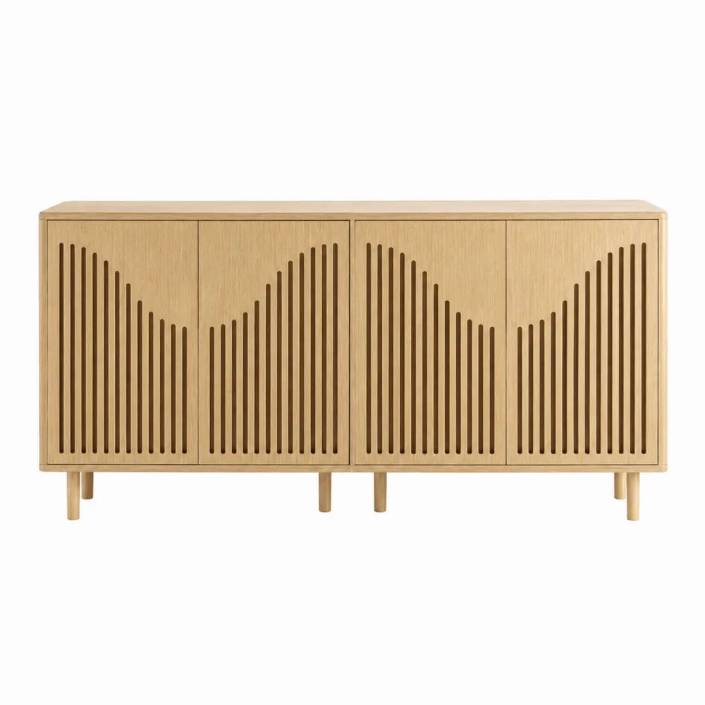 Credenza buffet in pannello legno ingegnerizzato effetto rovere con 4 ante a doghe struttura rettangolare 160 cm x 40 cm x 80 cm colore rovere chiaro