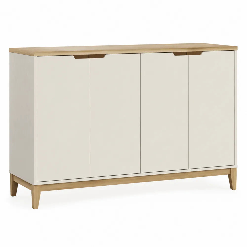 Credenza buffet 4 ante struttura in MDF laccato bianco piano impiallacciato rovere gambe in legno massello dimensioni 160 cm x 40 cm x 80 cm