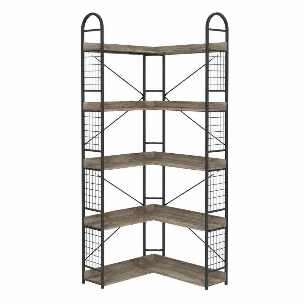 Libreria angolare industriale con 5 ripiani in MDF effetto rovere grigio e struttura in acciaio nero 80 x 30 x 180 cm
