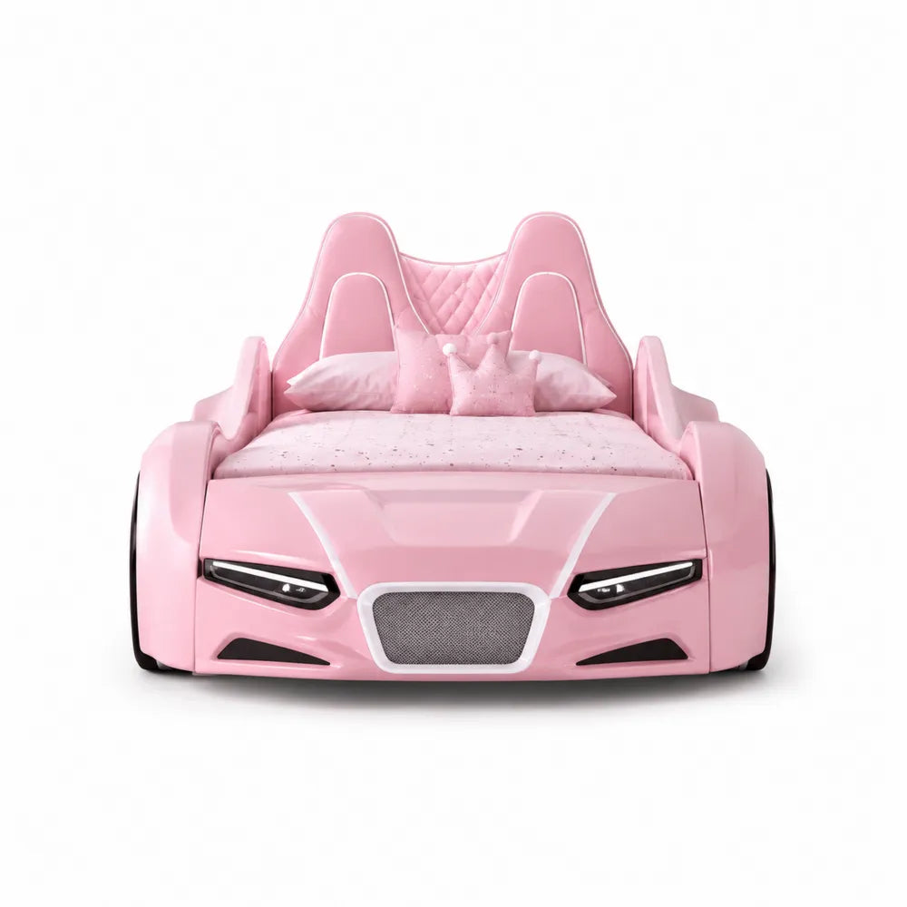 Letto per bambini a forma di auto 210 x 110 x 110 cm circa rivestimento in PU rosa struttura in MDF con dettagli decorativi e base letto integrata