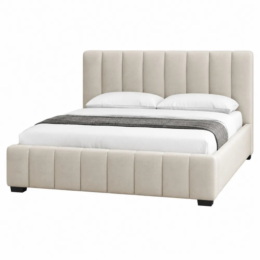 Letto matrimoniale imbottito per materasso 180 x 200 cm con testiera e pediera a pannelli verticali rivestimento in tessuto poliestere beige gambe nere