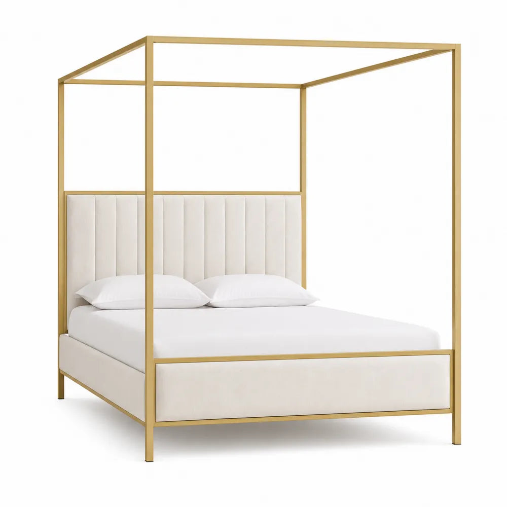 Letto matrimoniale a baldacchino per materasso 180 x 200 cm struttura in acciaio verniciato oro testiera imbottita beige