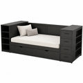 Letto singolo 200 x 90 cm in truciolare melaminico nero con contenitori laterali, cassetti e letto estraibile inferiore