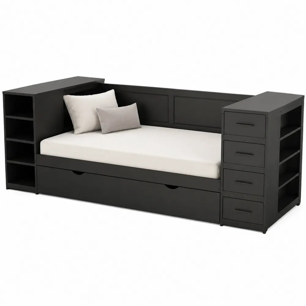 Letto singolo 200 x 90 cm in truciolare melaminico nero con contenitori laterali, cassetti e letto estraibile inferiore