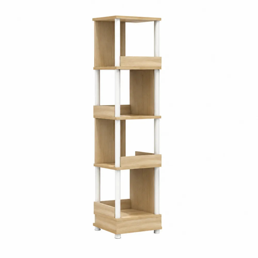 Libreria angolare verticale in MDF rovere chiaro e bianco 40 cm x 40 cm x 180 cm con 5 ripiani aperti struttura in metallo e legno
