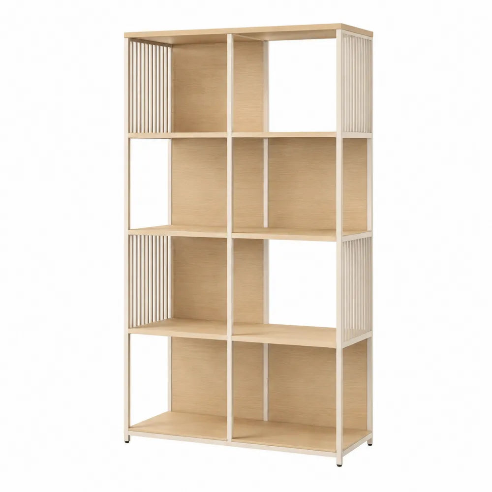 Libreria scaffale aperto rettangolare con 8 vani ripiani in MDF effetto rovere naturale e struttura in acciaio bianco crema 100 x 30 x 180 cm
