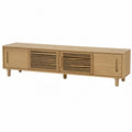 mobile TV in MDF e truciolare effetto rovere con ante laterali e ante scorrevoli a doghe gambe in legno massello rovere chiaro 180 cm x 40 cm x 50 cm