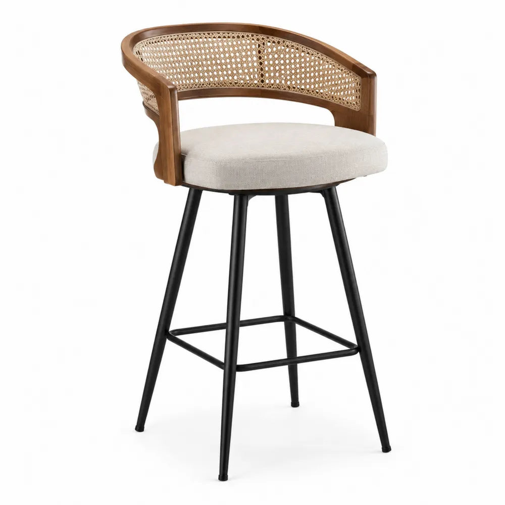 Sgabello da bar con schienale in rattan sintetico seduta imbottita struttura in acciaio nero e legno massello di frassino dimensioni 98 cm x 52 cm x 52 cm colore naturale nero beige