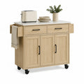 Carrello cucina con ruote 100 cm x 45 cm x 90 cm struttura in MDF effetto rovere piano bianco 2 cassetti 3 ante maniglie nere