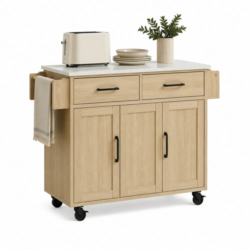 Carrello cucina con ruote 100 cm x 45 cm x 90 cm struttura in MDF effetto rovere piano bianco 2 cassetti 3 ante maniglie nere