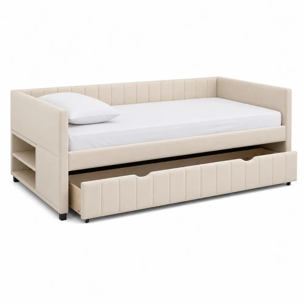 Letto singolo imbottito tipo daybed per materasso 90 x 200 cm con cassettone inferiore estraibile e ripiani laterali tessuto poliestere beige 205 x 95 x 75 cm