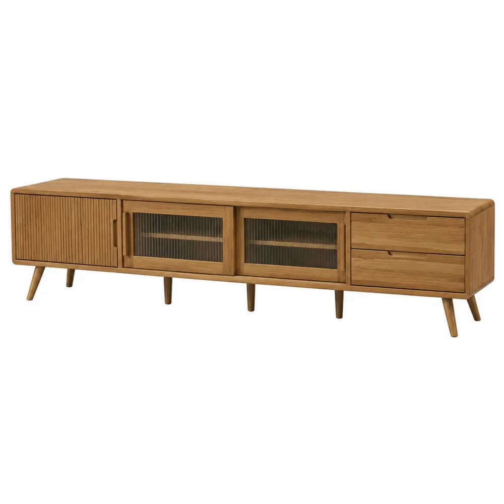 Mobile TV 180 cm circa in legno effetto rovere con ante scorrevoli in vetro e legno, cassetti laterali e struttura in legno massello