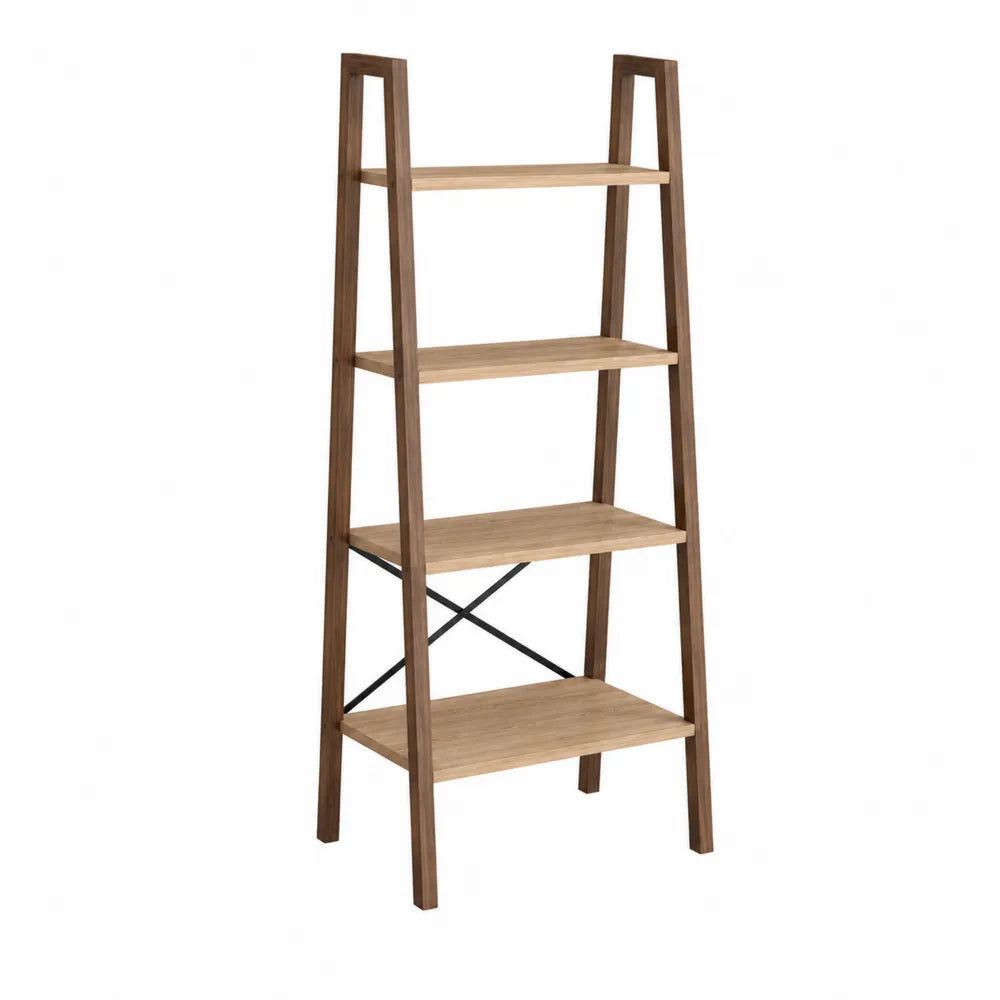 Libreria scaffale a scala rettangolare con 4 ripiani in MDF effetto rovere chiaro struttura effetto noce e rinforzo in acciaio nero 60 x 35 x 180 cm