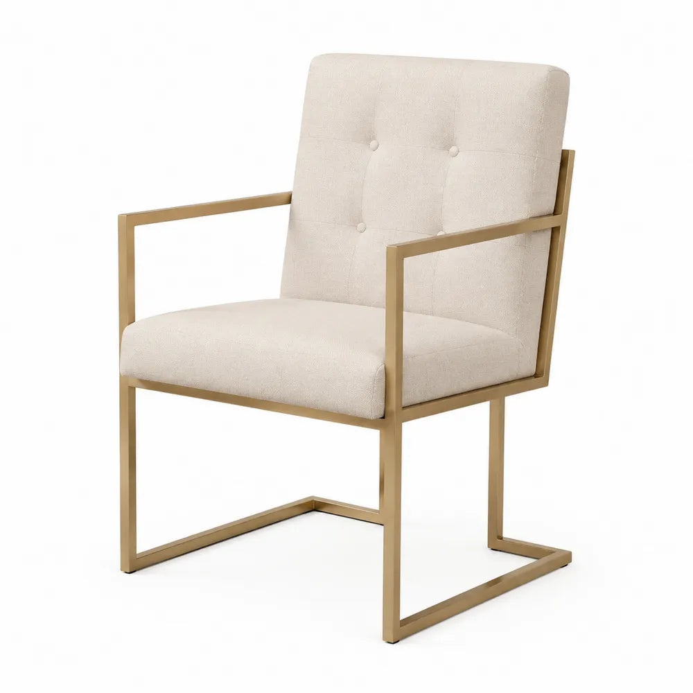 Sedia da pranzo con braccioli 85 cm x 58 cm x 60 cm struttura in acciaio verniciato oro seduta imbottita in tessuto poliestere beige