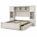 Letto con testiera contenitore per materasso 140 x 200 cm struttura in MDF e pino effetto legno bianco con rete a doghe e 3 cassetti laterali 205 x 145 x 180 cm