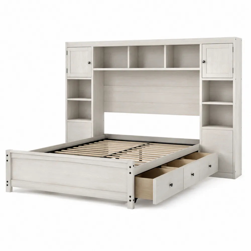 Letto con testiera contenitore per materasso 140 x 200 cm struttura in MDF e pino effetto legno bianco con rete a doghe e 3 cassetti laterali 205 x 145 x 180 cm