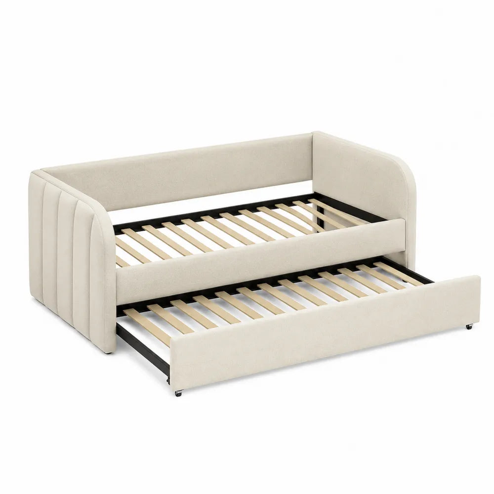 Letto singolo imbottito con letto estraibile 210 x 100 x 85 cm rivestimento in tessuto poliestere crema struttura in acciaio nero rete a doghe