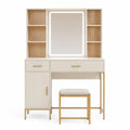 Toletta con specchio LED e sgabello in MDF bianco crema con mensole laterali effetto rovere e gambe oro 120 x 40 x 140 cm