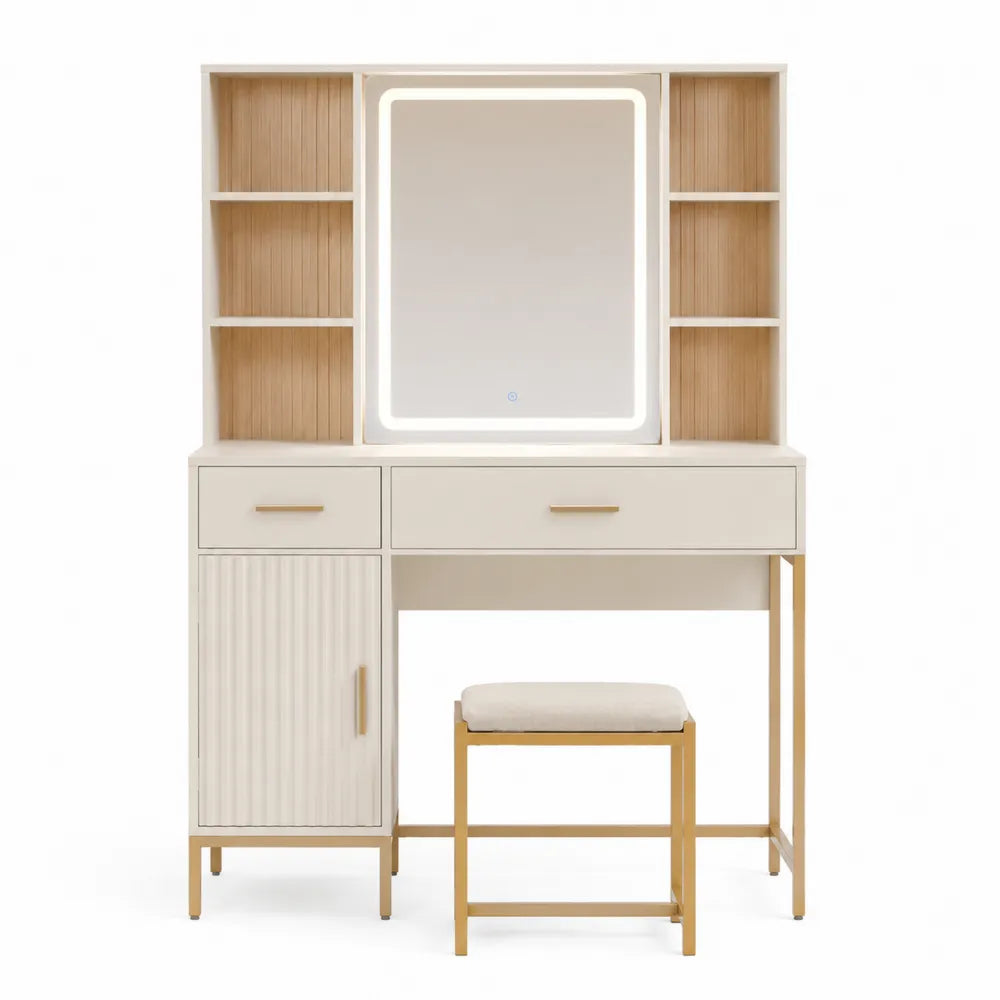 Toletta con specchio LED e sgabello in MDF bianco crema con mensole laterali effetto rovere e gambe oro 120 x 40 x 140 cm
